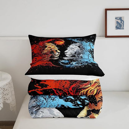 Manfei Exotic Lions Comforter Toddler for Kids Adults Youth,Fire Water Animals Boho Style Quilt Comforter Room DecorGothic Animals Fighting Yin Yang Quilted Duvet Duvet Insert,1 Pillowcase