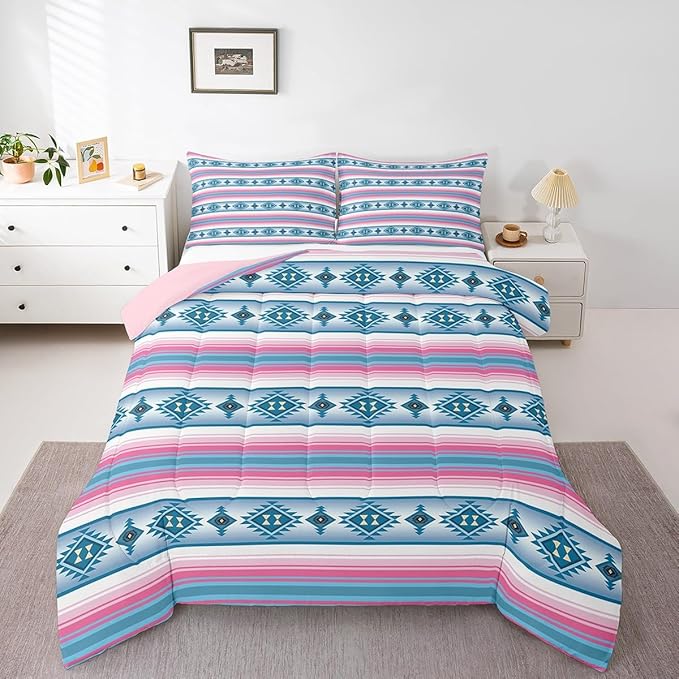 Erosebridal Bohemian Toddler Comforter Set for Girls Women,Western Boho Kids Bedding Sets Southwest Tribal Aztec Bedding Comforter Sets Ethnic Mexican Geometric Diamond Stripe Bed Set Room Decor