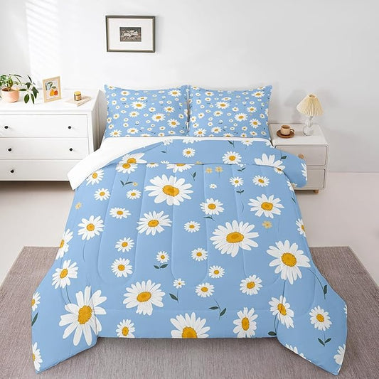 Manfei White Daisy Comforter Set King Size, Botanical Garden Artwork Quilt Set with 2 Pillowcases, Plants Theme Floral Bedding Set 3pcs for Kids Girls Room Decor Lightweight Duvet Insert