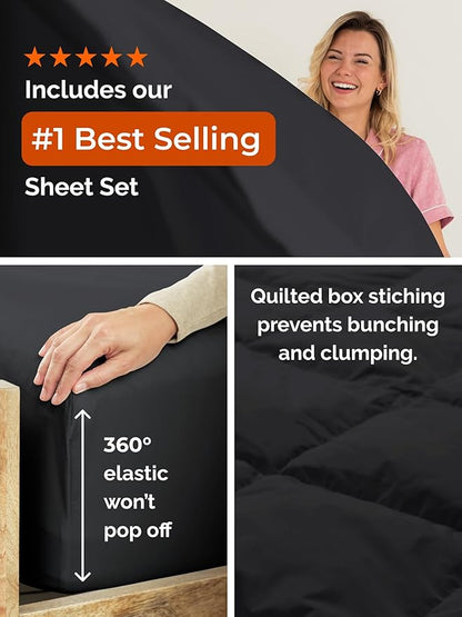King Comforter Set - 5 Piece Bed in a Bag King Size Bed Set - Down Alternative Comforter, Flat Sheet, Fitted Sheet, Pillowcase & Shams for All Seasons - Ultra Soft, Cozy, Comfy and Breathable - Black
