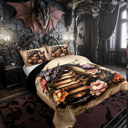 Manfei Black Dragon Comforter Queen,Vintage Animals Magic Books Quilt Comforter with 2 Pillowcases for All Season Bedroom,Rustic Flowers Botanical Plants Bedding Set Comfortable,Soft and Breathable