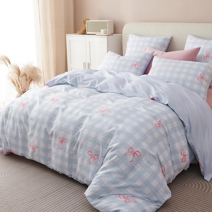 Blue Plaid Comforter Set Full Size - Pink Bow Quilt Bedding Set 3 Pieces, Gingham Comforter Set Full, Soft & Lightweight Comforter(79‘’ x 90‘’) for Girl All Season & 2 Pillowcases(30‘’x20‘’)