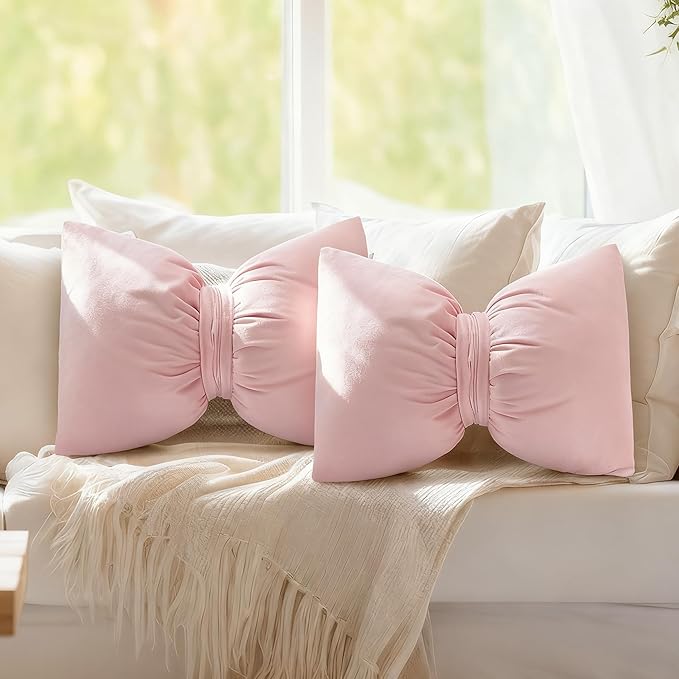 Pink 2 Pcs Bow Pillow 12 x 18 Inch Coquette Throw Pillows Large Bow Shaped Velvet Cushion Coquette Decorative for Girls Room Bed Sofa Couch Car Decorations