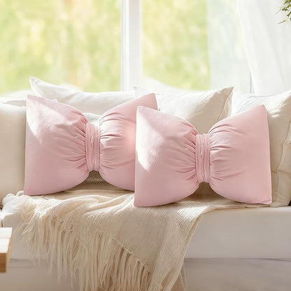Pink 2 Pcs Bow Pillow 12 x 18 Inch Coquette Throw Pillows Large Bow Shaped Velvet Cushion Coquette Decorative for Girls Room Bed Sofa Couch Car Decorations