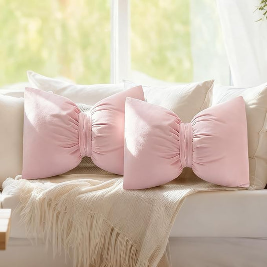 Pink 2 Pcs Bow Pillow 12 x 18 Inch Coquette Throw Pillows Large Bow Shaped Velvet Cushion Coquette Decorative for Girls Room Bed Sofa Couch Car Decorations