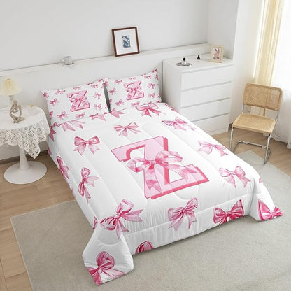 Erosebridal Kawaii Letter Z Bowknot Girls Bedding Set Dreamy Princess Style Toddler Comforter Set for Kids Teen Women,Cute Initial Letter Z Bow Bedding Comforter Sets Pink Chic Girly Bed Set