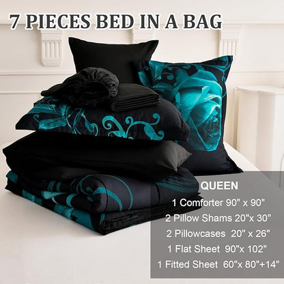 WONGS BEDDING Teal Green Comforter Set Queen, Reversible Rose 7 Pieces Bed in a Bag, Lightweight Soft Microfiber Bedding Sets with Flat Sheet, Fitted Sheet, Pillowcases & Shams