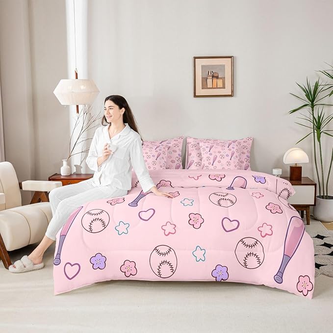 Erosebridal Pink Baseball 7 Piece Comforter Set King | Girly Kawaii Floral Bed in A Bag Athletic Competitive Games Sheet Set Heart-Shaped Pattern Love Fitted Sheet Breathable Lightweight