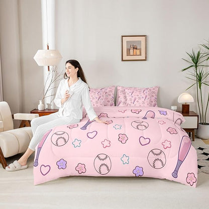 Erosebridal Pink Baseball 7 Piece Comforter Set Twin | Girly Kawaii Floral Bed in A Bag Athletic Competitive Games Sheet Set Heart-Shaped Pattern Love Fitted Sheet Breathable Lightweight