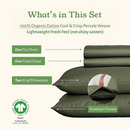 California Design Den Soft 100% Organic Cotton Bed Sheets California King Size Set with Deep Pockets - Crisp Percale Sheets, Breathable and Durable Bedding Set - Olive Green