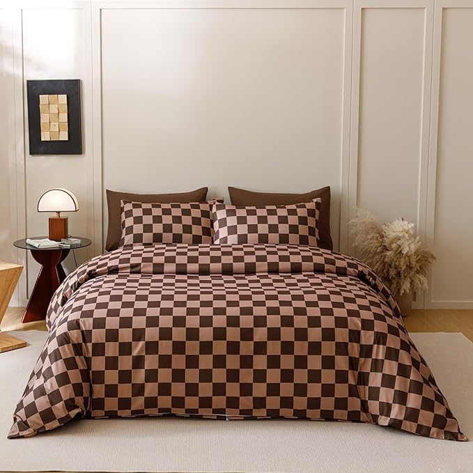 Houseri Brown Plaid Comforter Set King Chocolate Coffee Color Chessboard Bedding Sets Mocha Buffalo Checkered Bed Quilt Blanket King