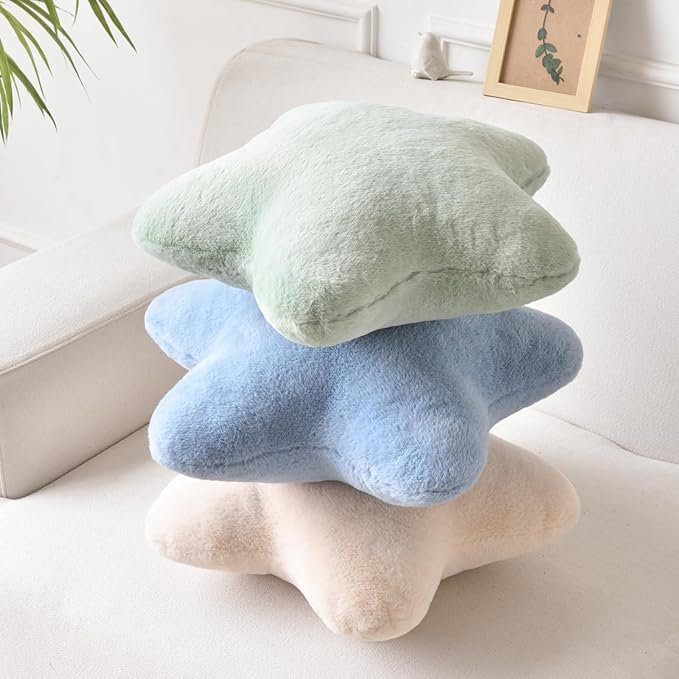 Xiashrk Star Pillow, Decorative Throw Pillows for Bed Couch, 15" Star Shaped Pillow Plush Floor Cushions Room Decor Pillow with Faux Rabbit Fur for Sofa Bedroom Living Room (Sage Green, 19.6" x 19.6")