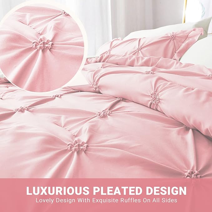 JOLLYVOGUE Queen Comforter Set 7 Pieces, Pink/Ivory Bed in a Bag Comforter Set for Bedroom, Bedding Comforter Sets with Comforter, Sheets,Ruffled Shams & Pillowcases