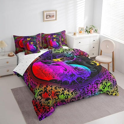 Feelyou Galaxy Life Tree Bedding Set with Comforter, Queen Size 7Pcs Sun Moon Comforterative Colorful Boho Exotic Bed in a Bag with Comforter, Astrology Space Room Decor