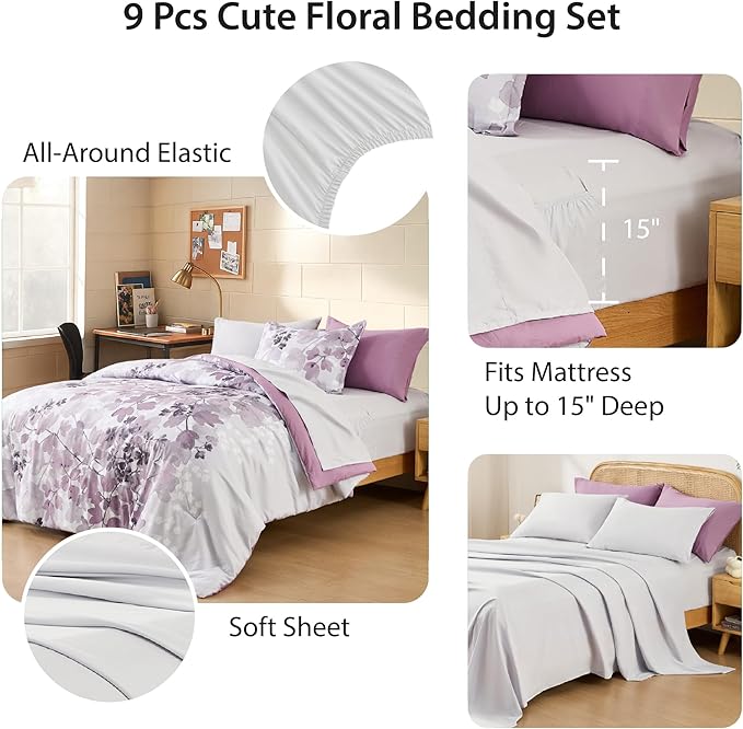 King Comforter Set Purple Bed Set, 9 Pieces Cute Floral Bedding Set Ultra Soft Botanical Flowers Comforter, Sheets, Pillowcases & Shams