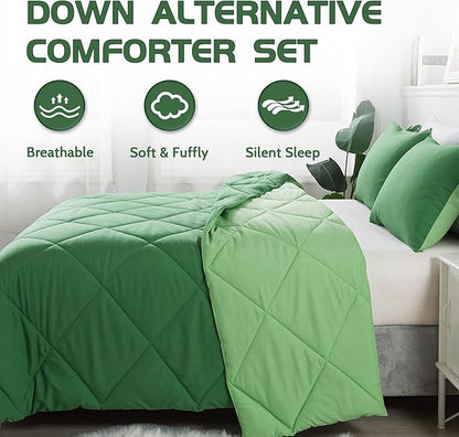 Decroom Lightweight Queen Comforter Set with 2 Pillow Sham - 3 Pieces Set - Quilted Down Alternative Comforter/Duvet Insert for All Season - Olive Green/Grass Green - Queen Size