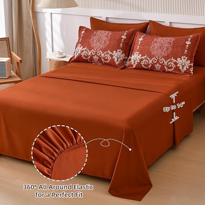 Mybedsoul 7 Pieces Terracotta Comforter Set Queen Size, Damask Bed in a Bag for Queen Bed, Lightweight Microfiber Boho Bedding Sets with Comforter, Sheet, Pillowcases & Shams for All Season (90"x90")