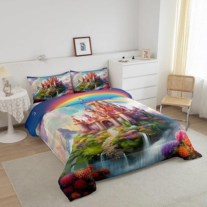 Manfei Castle Girlish Kids Comforter Set King Size,Rainbow Floral Garden Dreamy Bedding Set,Girls Women Room Decor,Princess Theme Romantic Down Comforter,Purple Colorful Duvet Insert,2 Pillowcases