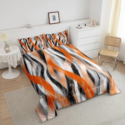 Erosebridal Geometric Stripes Comforter Queen Modern Abstract Comforter Set Grey Black Orange Bedding Set for Kids Adults Swirl Lines Quilt Duvet Room Decor 3 Pcs