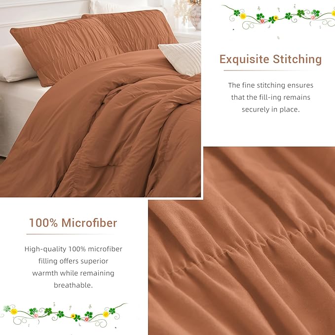 Lady Ann Oversized King 120x120 Comforter Set - Pumpkin Ruched Bedding, 3-Piece Fluffy Bedding Comforter Set for Women, Ultra Soft and Luxurious All-Season Boho Bedding Set for Bedroom.