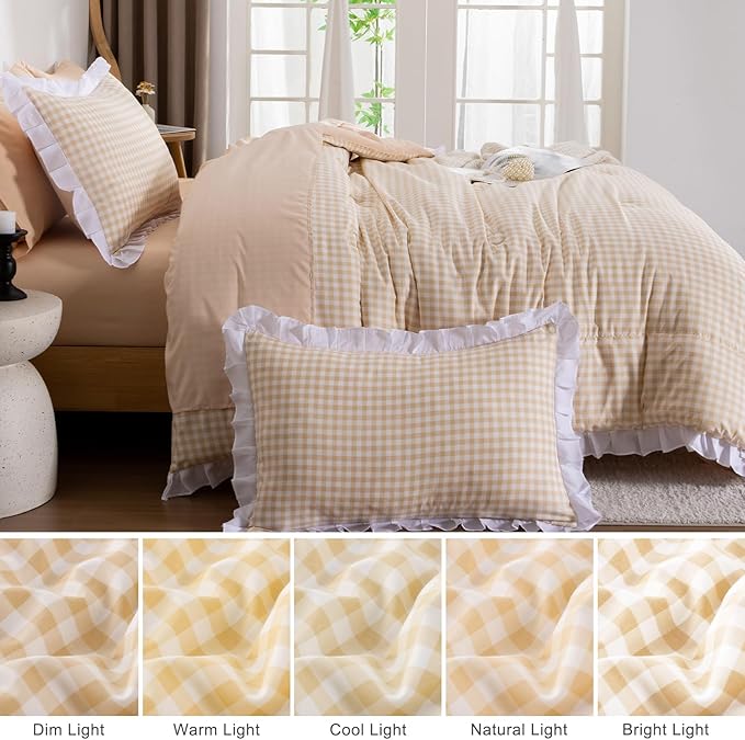 A Nice Night Comforter Set Full, 5 Pieces Lightweight Soft Rustic Khaki Ruffle Comforter, Plaid Checkered Chic Bedding Set with Pillow Shams