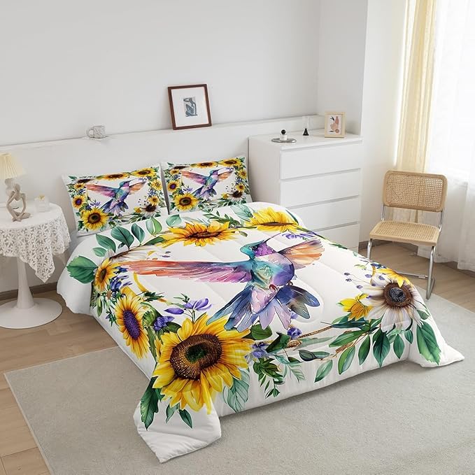 Erosebridal Girls Hummingbird Queen Bedding Set Rustic Sunflower Comforter Set for Kids Women Garden Watercolor Bird Flowers Quilt Comforter Farmhouse Botanical Leaves Floral Bed Set 2 Pillow Cases