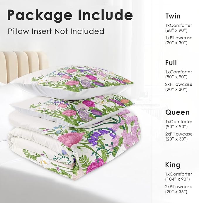 Comforter Set Full Size, Floral Spring Summer 3 Pcs Soft Bedding Set for Kids and Adults, Flower Botanical Tulip Comforter Set with 2 Pillowcases, for Bedroom Bed Decor