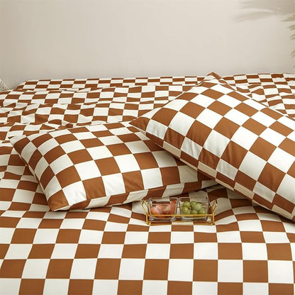 Pureant Pumpkin White Plaid Comforter Set Twin Brown and White Checkered Bedding Comforter Soft Women Girls Brown Checkerboard Grid Quilts Twin Size Boho Pumpkin Buffalo Plaid Comforter Geomertic