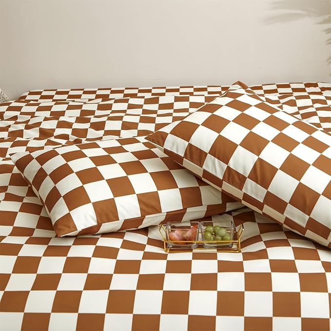 Pureant Pumpkin White Plaid Comforter Set Queen Brown and White Checkered Bedding Comforter Soft Women Girls Brown Checkerboard Grid Quilts Queen Size Boho Pumpkin Buffalo Plaid Comforter Geomertic