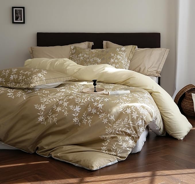 King Size Gradient Cotton Comforter Set, 3Pcs Flower Print Botanical Duvet for All Seasons, Luxury Warmth Breathable Bedding Set with 1 Lightweight Comforter and 2 Pillow Shams