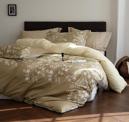 Queen Size Gradient Cotton Comforter Set, 3Pcs Flower Print Botanical Duvet for All Seasons, Luxury Warmth Breathable Bedding Set with 1 Lightweight Comforter and 2 Pillow Shams