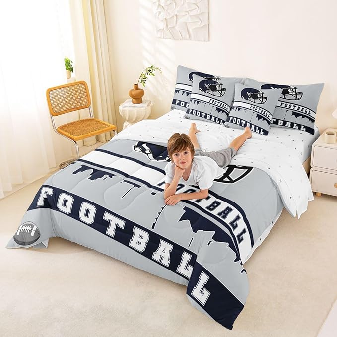 Erosebridal Football 7 Pcs Comforter Set King Football Fans Bedding for Boys Girls Football City Sheet Set Bed in A Bag Grey Rugby Competition Room Decor Sports Ball Game Quilt