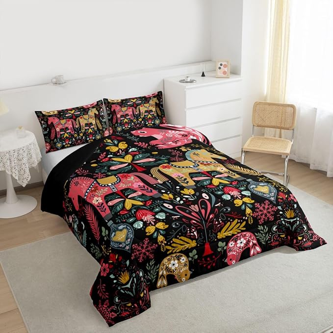 Swedish Dala Horses Comforter Set Full Size,Farmhouse Floral Bedding Sets 3Pcs for Kids Girls Boys Women Room Decor,Flower Squirrel Bird Duvet Insert Rustic Bohemian Down Comforter,2 Pillowcases