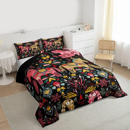 Swedish Dala Horses Comforter Set Twin Size,Farmhouse Floral Bedding Sets 2Pcs for Kids Girls Boys Women Room Decor,Flower Squirrel Bird Quilted Duvet Rustic Bohemian Down Comforter,1 Pillowcase