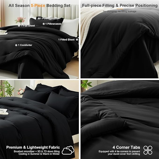 Twin Comforter Set 5 Pieces - Ultra-Soft Bed in a Bag Twin Size, Cozy Luxury All Season Bedding Sets with Comforter, Flat Sheet, Fitted Sheet, 1 Pillow Shams & 1 Pillowcases, Black