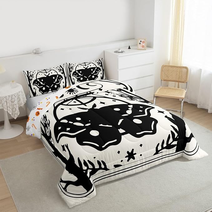 Erosebridal Gothic Moth Comforter Set Full, Halloween Moth Bedding Set, Goth Comforter, Sun and Moon Quilt for Kids Boys Girls Teens Terror Halloween Decor, Lightweight