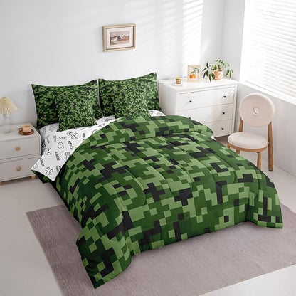 Green Camo 7Pcs Comforter Set Queen,Army Green Camouflage Bedding Set for Kids Boys Teens Men Room Decor,Geometric Grid Patchwork Fitted Flat Sheet Reversible Gamepad 2 Throw Pillow,2 Pillowcases