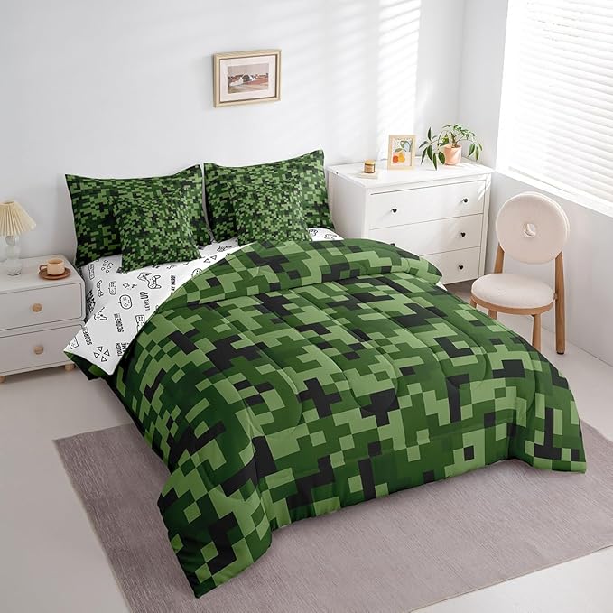 Green Camo 7Pcs Comforter Set King,Army Green Camouflage Bedding Set for Kids Boys Teens Men Room Decor,Geometric Grid Patchwork Fitted Flat Sheet Reversible Gamepad 2 Throw Pillow,2 Pillowcases