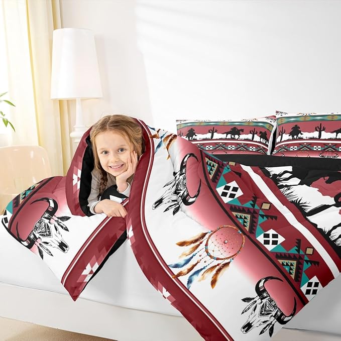 Erosebridal Twin Size Western Bedding Set Longhorn Skull Dream Catcher Boho Comforter Set for Kids Boys Teens Adult Bedroom, Cowboy Horse Western Duvet Insert Southwestern Geometric Quilt, Red