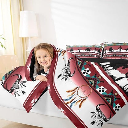 Erosebridal Full Size Western Bedding Set Longhorn Skull Dream Catcher Boho Comforter Set for Kids Boys Teens Adult Bedroom, Cowboy Horse Western Duvet Insert Southwestern Geometric Quilt, Red