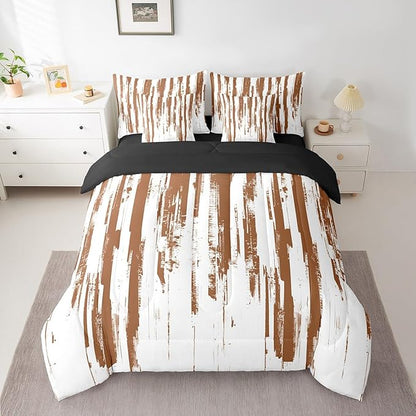 Erosebridal 7Pcs Brown and White Geometric Comforter Set Full,Modern Abstract Striped Bedding with Bed Sheets,Boho Graffiti Watercolor Quilt Set for Women Men,Contemporary Aesthetic Art Bed in A Bag