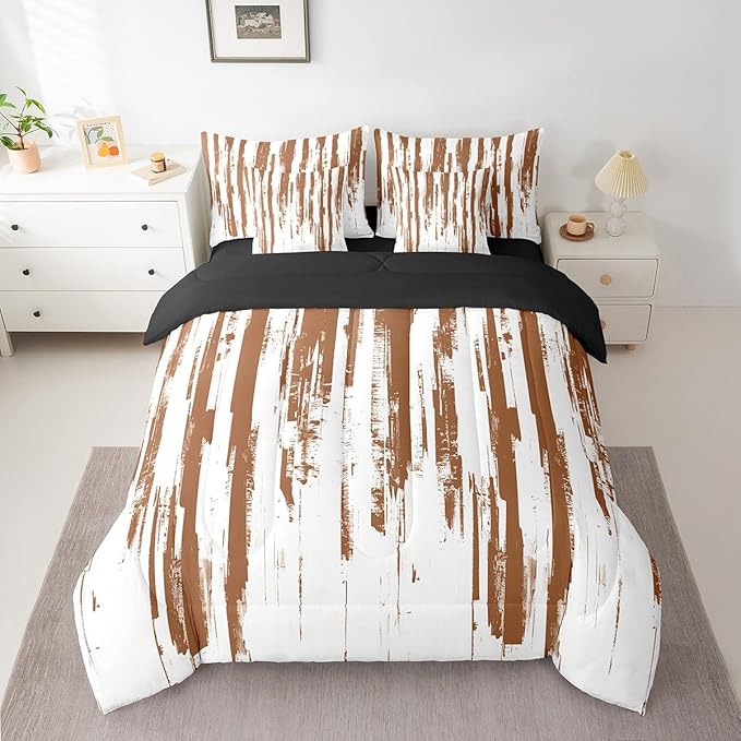 Erosebridal 7Pcs Brown and White Geometric Comforter Set King,Modern Abstract Striped Bedding with Bed Sheets,Boho Graffiti Watercolor Quilt Set for Women Men,Contemporary Aesthetic Art Bed in A Bag