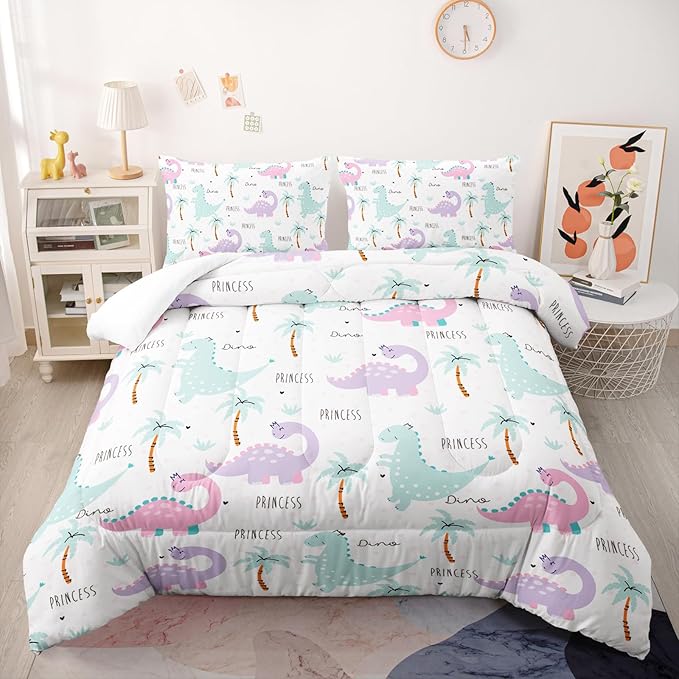 Cartoon Dinosaur Comforter Sets Bedding Sets 3PCS for Kids,Pink Violet Dinos Comforter Sets King Size，All Season 1 Comforter and 2 Pillowcases