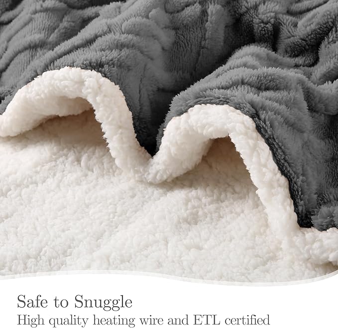Electric Heated Blanket, 3D Pattern Design, 84“ x 90” Heated Blanket with 5 Heating Levels & 10 Hours Auto Off, Grey, YCDM-EB8490