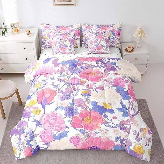 Feelyou Flowers Comforter Set Full Size 7 Pieces Floral Botanical Bedding Set for All Season Branches Nature Theme Bed in a Bag with Comforter, Sheets, Pillowcases & Cushion Cover