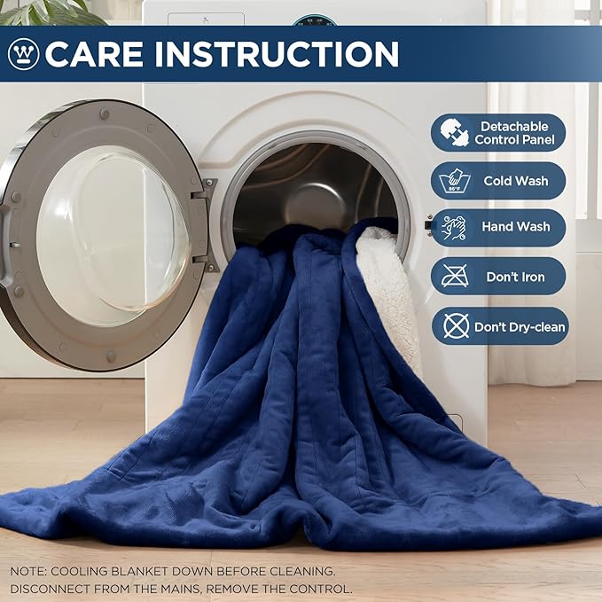 Westinghouse Electric Blanket Queen, Heated Blanket Queen Size with 10 Heating Levels and 1 to 12 Hours Heating Time Settings, Flannel to Sherpa Reversible, Machine Washable (84" x 90", Navy)