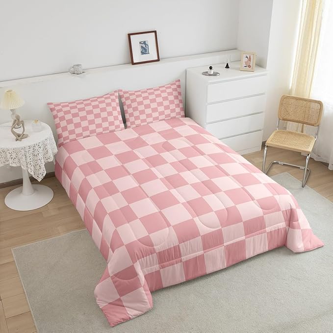 Feelyou Checkered Retro Bedding Set Teen Women Men Pink Gradient Plaid Comforter Set King Size Kids Boys Girls Geometric Vintage Duvet Insert Modern Simple Groovy Aesthetic Room Decor