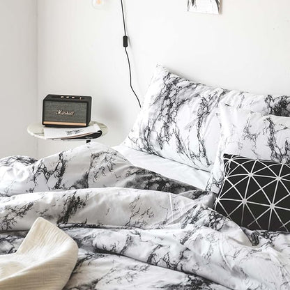 Wake In Cloud - Marble Comforter Set, Neutral Modern Aesthetic for Men Women, Soft Lightweight Bedding, 3 Pieces, Black White, Twin/Twin XL Size