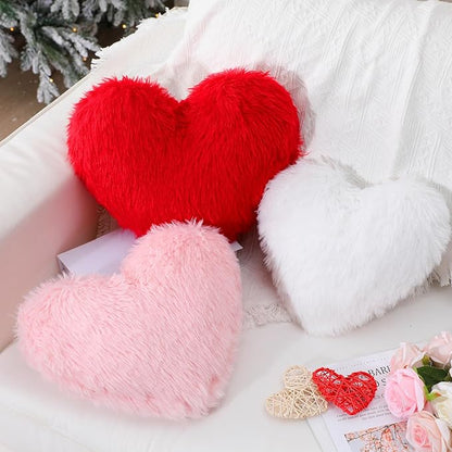 Bucherry 3 Pcs Valentine's Day Heart Throw Pillows, Red White Pink Heart Pillow Soft Decorative Back Cushion for Girls Women Bed Sofa Valentines Wedding Gifts Home Decor(Fluffy Plush,Without Ruffed)