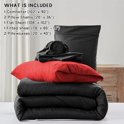 Anluoer Black and Red King Comforter Set 7 Pieces, Bed in a Bag with Sheets, All Season Bedding Sets with 1 Comforter, 2 Pillow Shams, 2 Pillowcases, 1 Flat Sheet, 1 Fitted Sheet